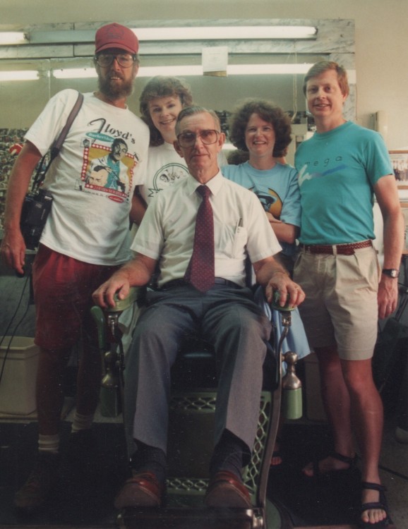 REIGNING SURPREME--Russell with Shelton and Wanda Fields (left) of Barney chapter and friends at an early 1990s Mayberry Days.