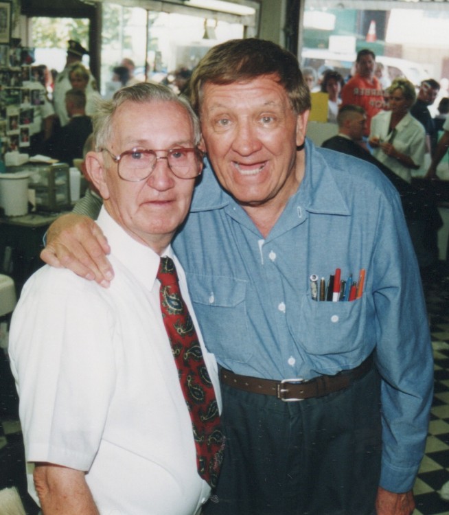 GOOB PALS--Russell with George Lindsey at the barbershop during Mayberry Days 1999.